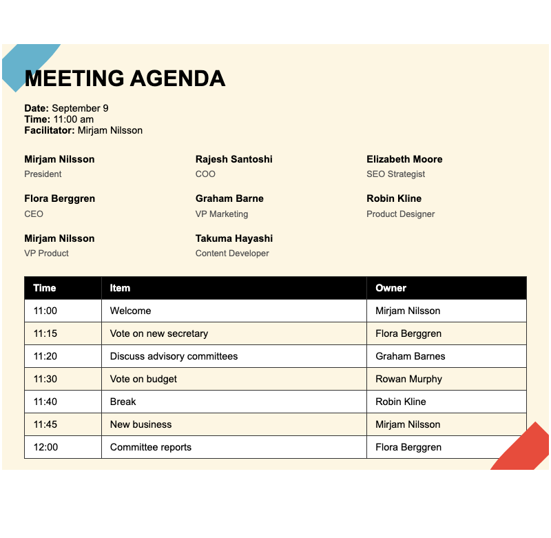 Metropolitan meeting agenda - Professional meeting agenda template with attendee grid and timed item schedule. Clean, print-ready layout for corporate teams.